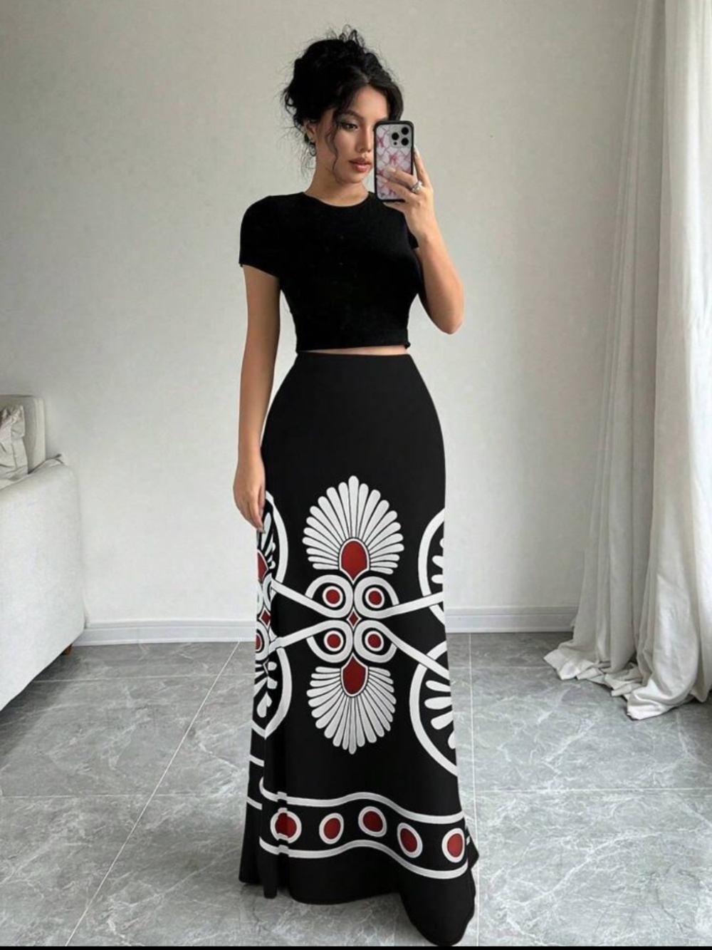 NWOT A Line Black Skirt with Red and White Design